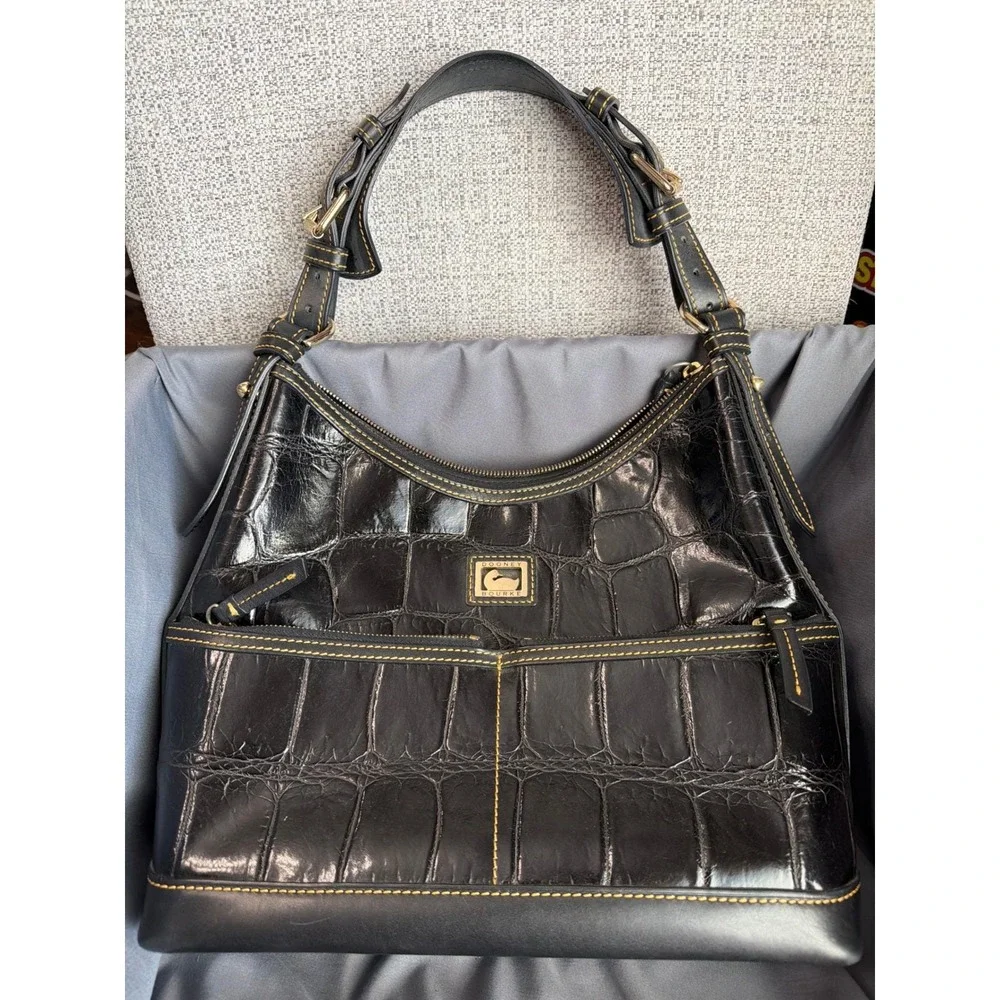 Dooney & Bourke Black Croc Embossed Leather Hobo Shoulder Bag Gold Hardware